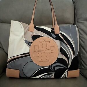 Tory Burch Black and Tan Swirl Tote